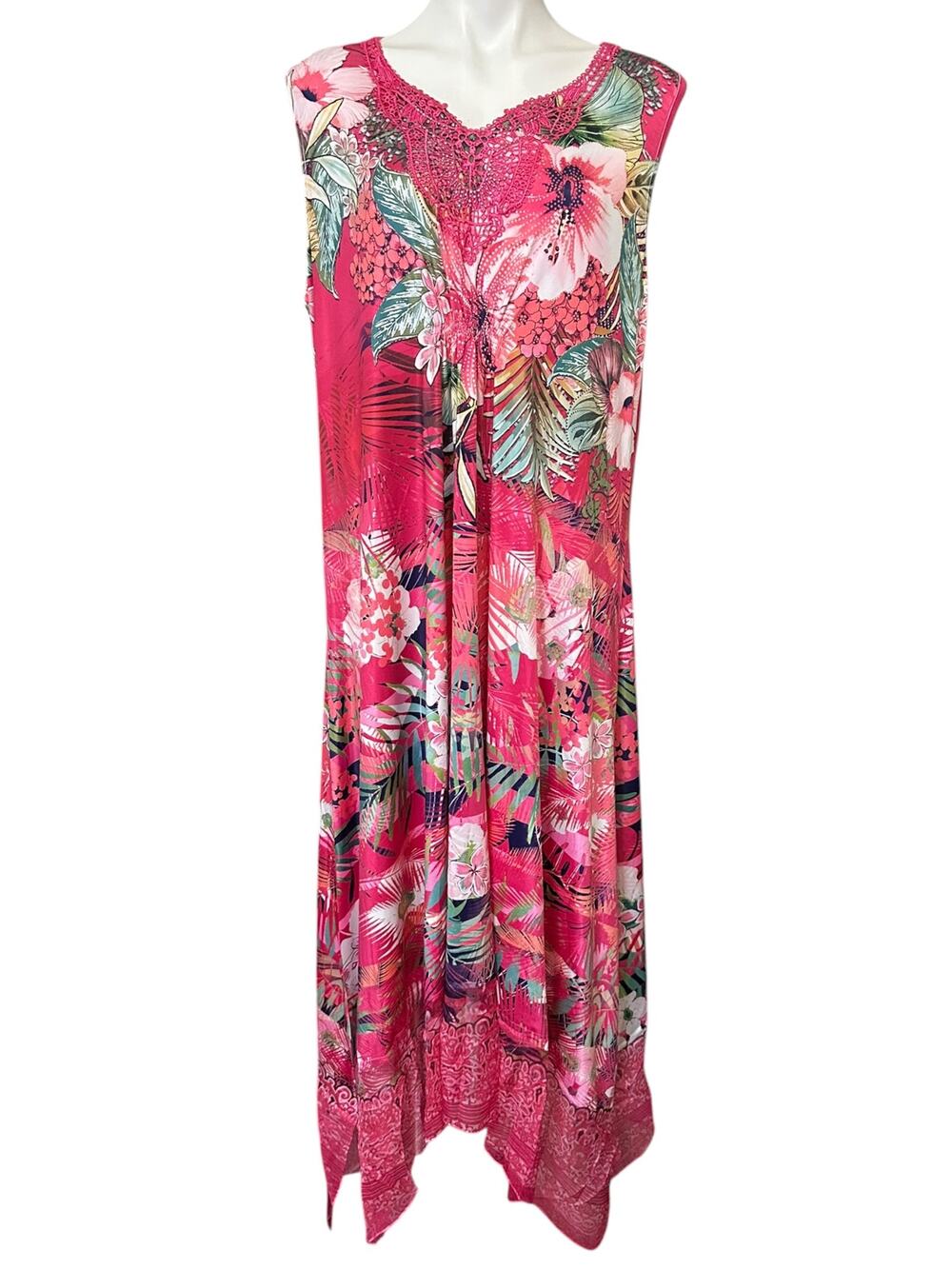One World Lace Maxi Dress Women XL Hot Pink Tropical Floral Rhinestone